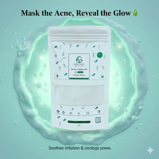 Acne Control powder mask with green label on a light blue background