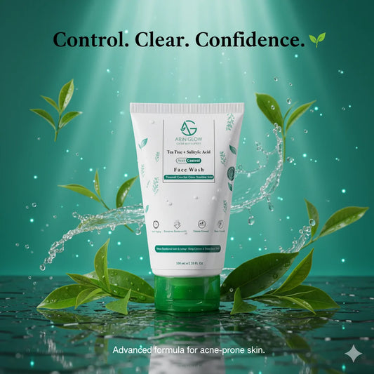 Acne Control face wash with green leaves and water droplets on a teal background, featuring text 'Control. Clear. Confidence.'