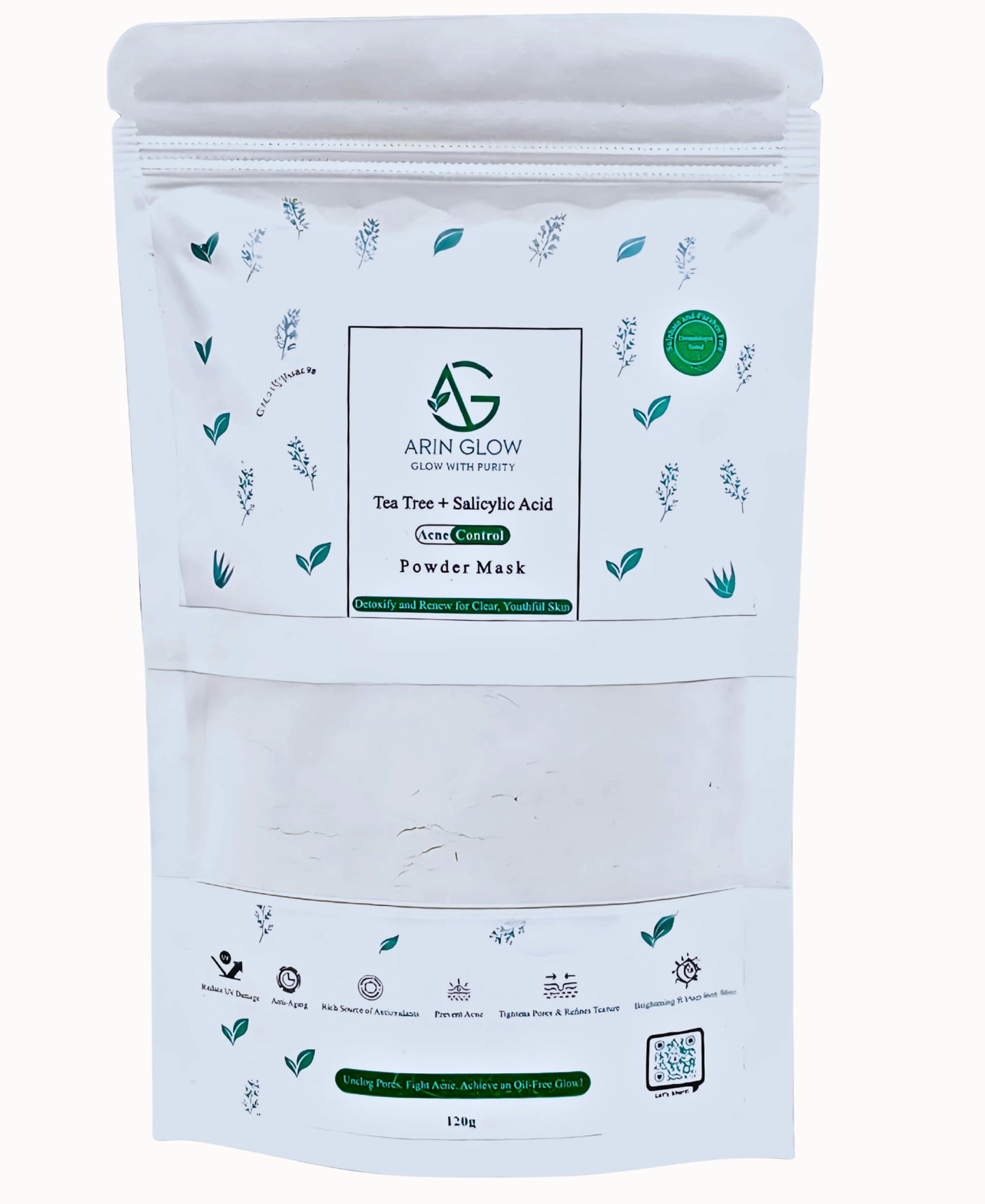 Arin Glow Acne Control powder mask packaging with brand logo and product details on a white background