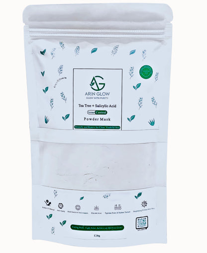 Arin Glow Acne Control powder mask packaging with brand logo and product details on a white background