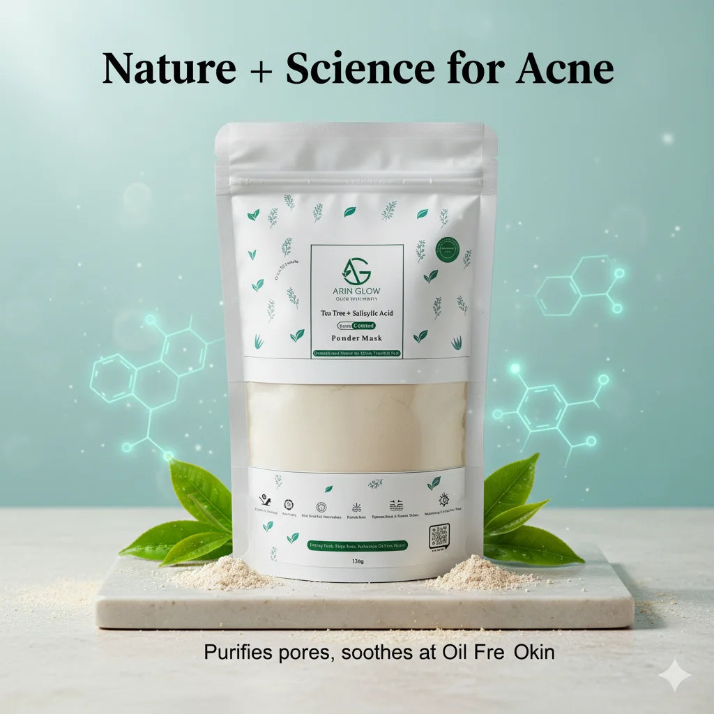 Packaging of an Acne Control powder with green leaves on a light blue background, labeled 'Nature + Science for Acne'.