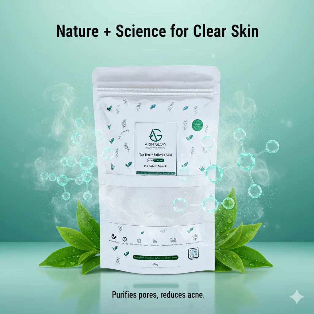 Acne Control Powder mask packaging with green leaves and a light blue background, featuring text about skin care benefits.