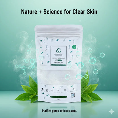 Acne Control Powder mask packaging with green leaves and a light blue background, featuring text about skin care benefits.