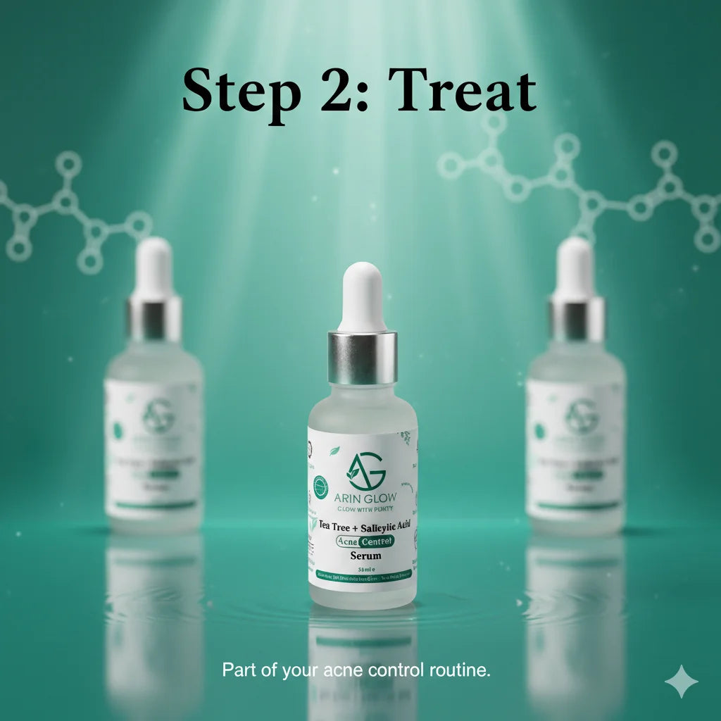 Three skincare serum bottles with droppers on a green background, labeled 'Step 2: Treat'.