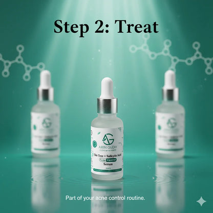 Three skincare serum bottles with droppers on a green background, labeled 'Step 2: Treat'.