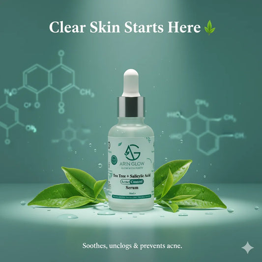 Acne Control serum bottle with green leaves and molecular structures on a green background