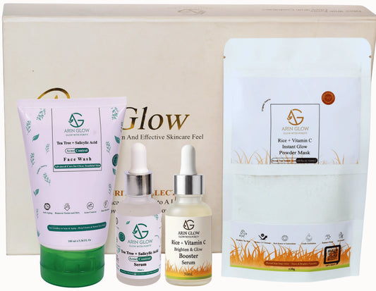 Set of Acne & Pigmentation treatment skincare products, including a face wash, serum, and mask with 'Arin Glow' branding.