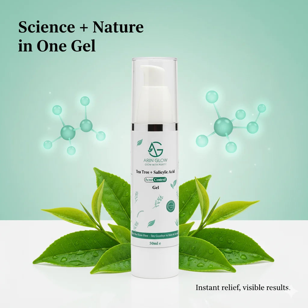 Acne Control gel bottle with green leaves and molecular graphics on a light green background