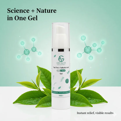 Acne Control gel bottle with green leaves and molecular graphics on a light green background