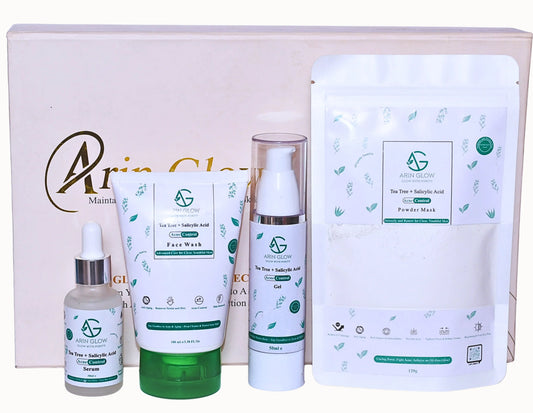 Set of Acne Treatment skincare products with 'Arin Glow' branding on a white background, which includes Face wash, Serum, Gel, and Face mask.
