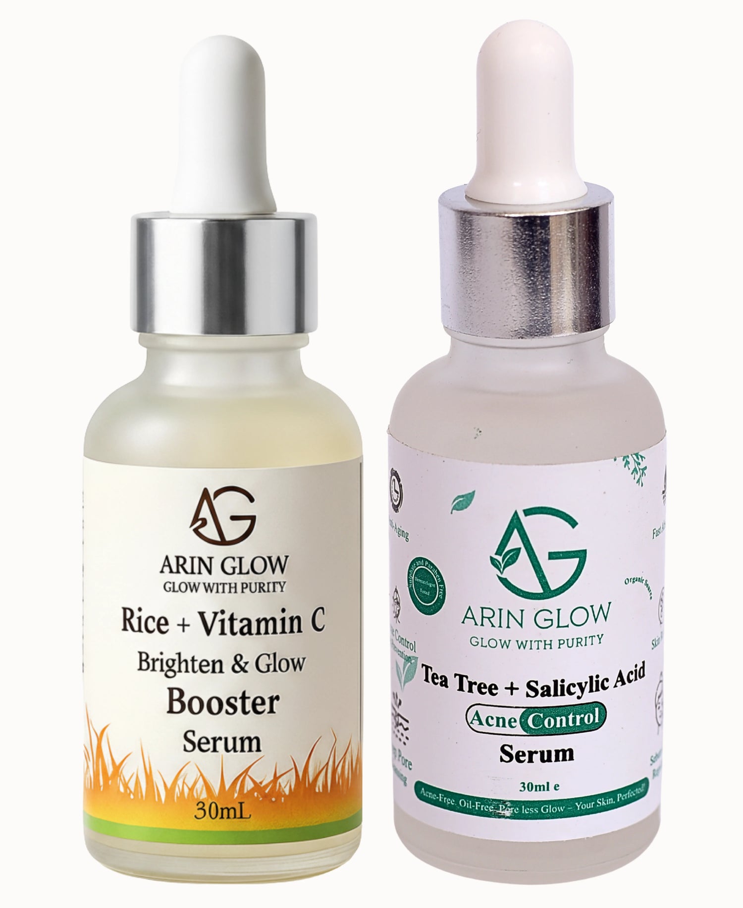 Acne & Pigmentation Bundle which has Two serums one is Rice + Vitamin c and second is Teat Tree Acne Control Serum by Arin Glow