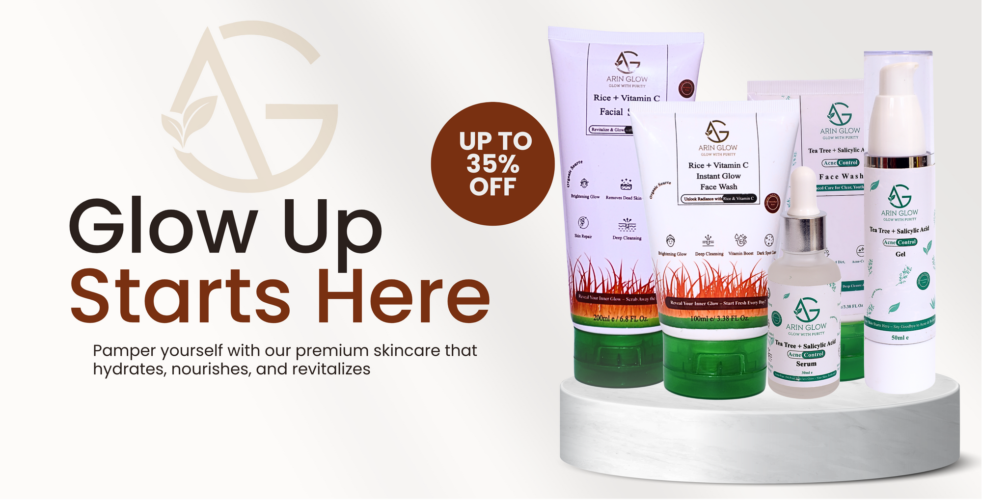 Skincare product set with ARIN GLOW logo and promotional text on a white background