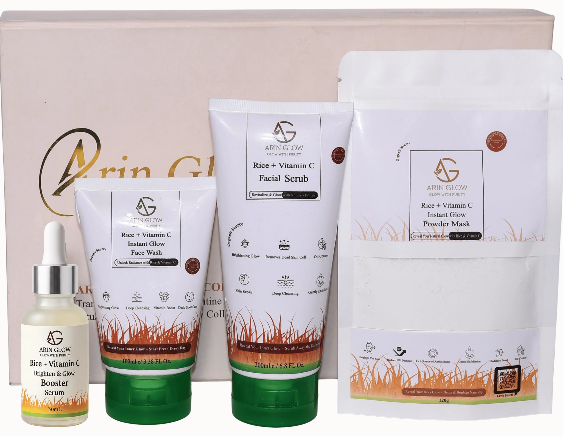 Set of Rice & Vtamin C Skincare products which include Face wash, Scrub, Serum, and Face Mask.