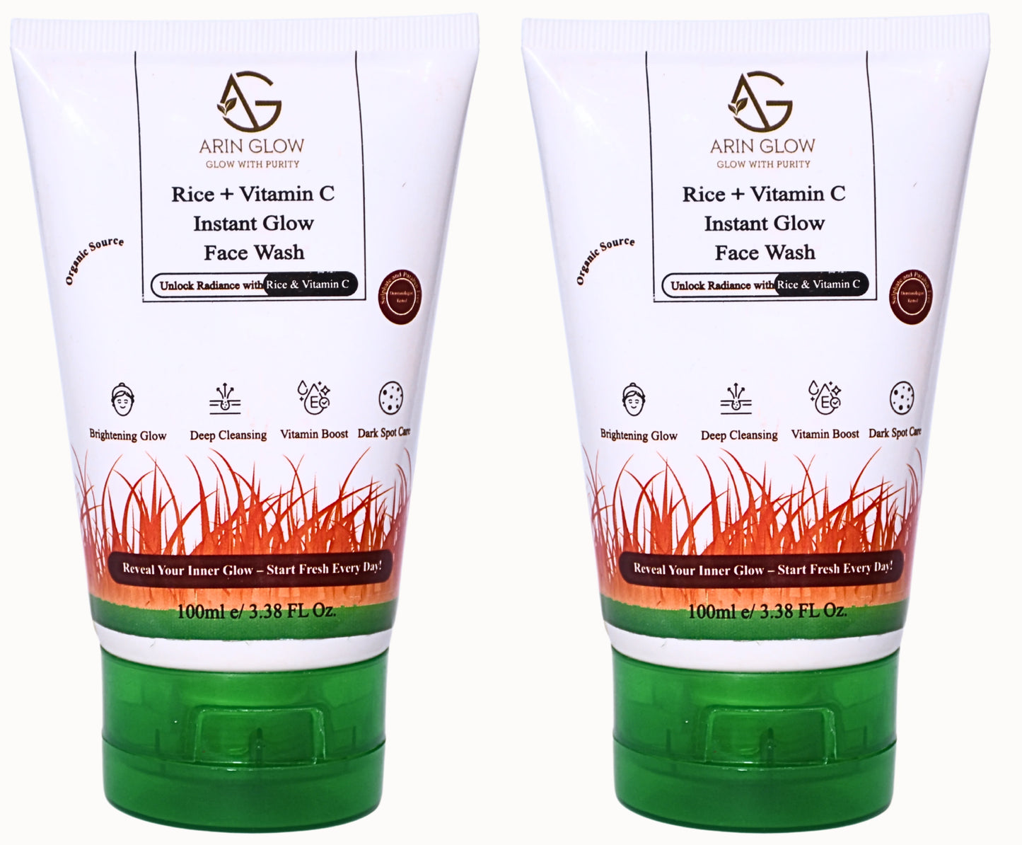 Two Arif Glow Rice + Vitamin C Instant Glow Face Wash on a white background