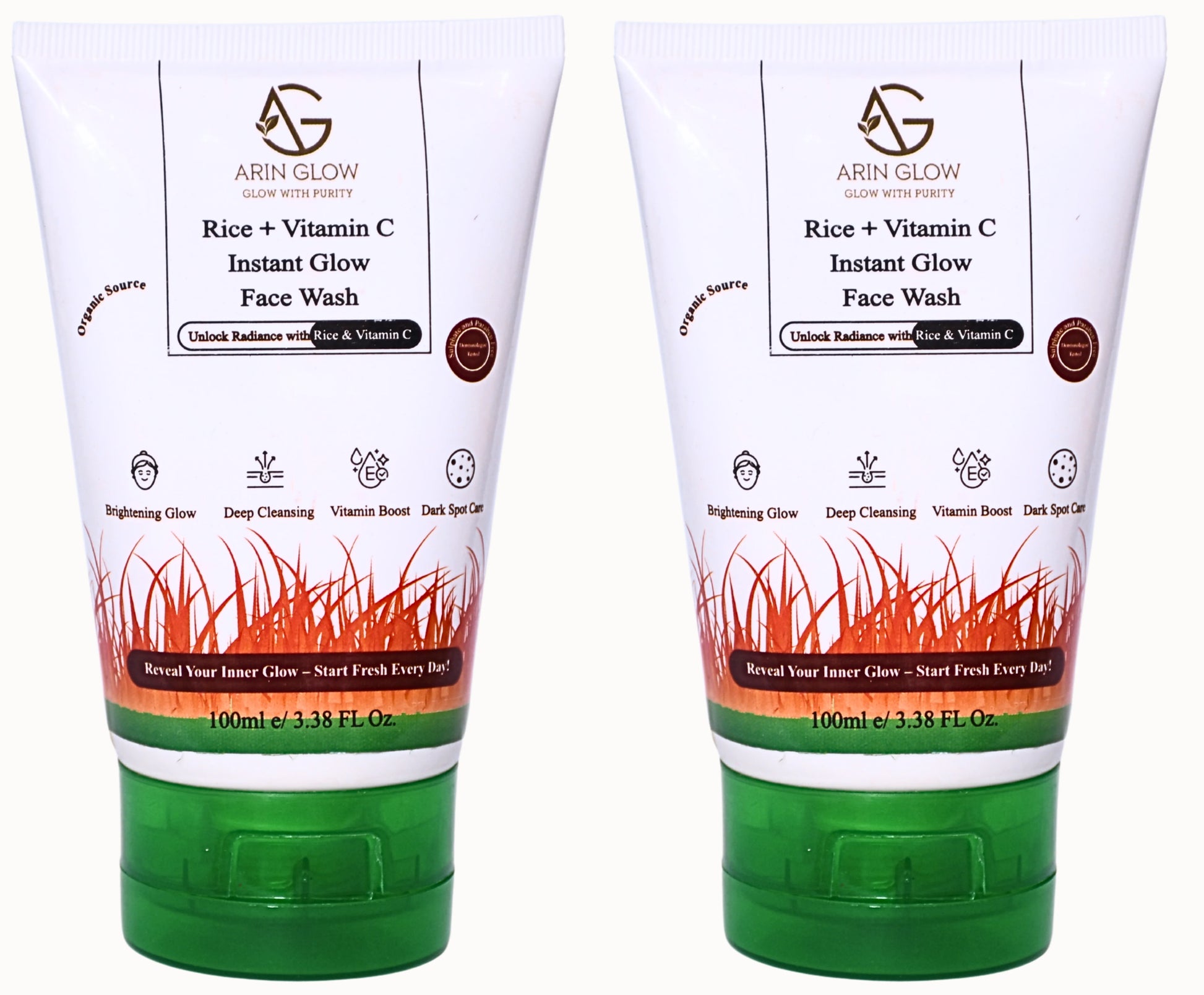 Two Arif Glow Rice + Vitamin C Instant Glow Face Wash on a white background