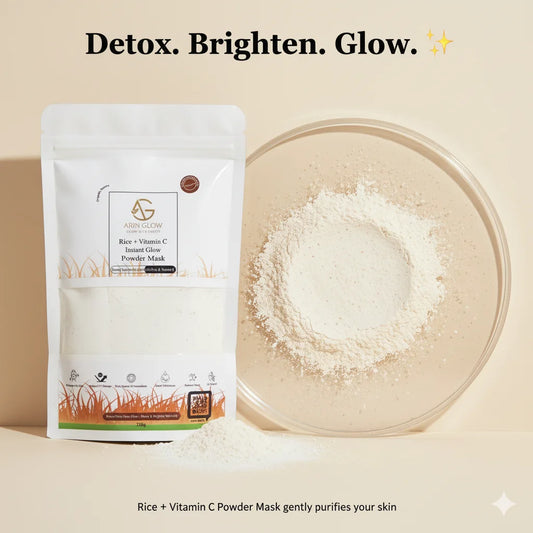 Rice + Vitamin C Powder Mask packaging with powder on a plate against a beige background