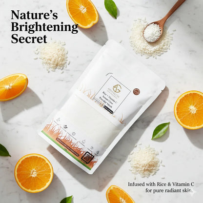 Packaging of a Rice Powder Mask product with oranges and rice on a light background