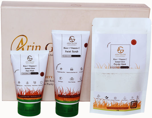Set of Arin Glow skincare products including face wash, scrub, and mask in a box.